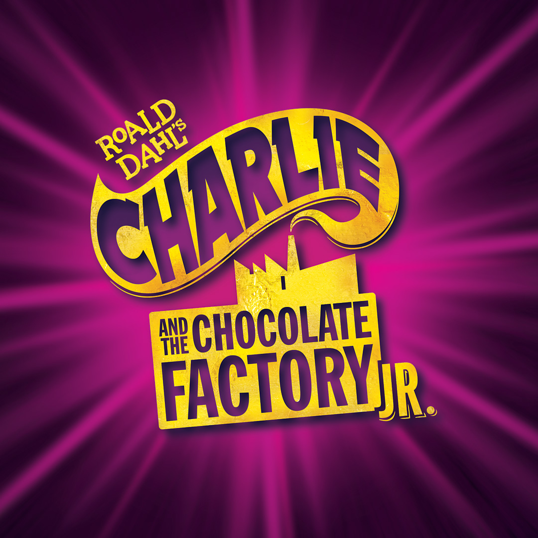 Roald Dahl's Charlie and the Chocolate Factory JR. artwork — gold lettering on a magenta starburst